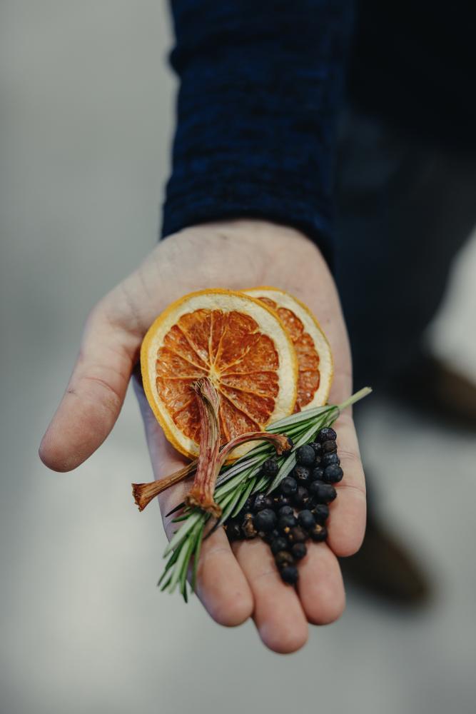 Gin-ingredienser som torkad apelsin, enbär & rosmarin i en hand.
